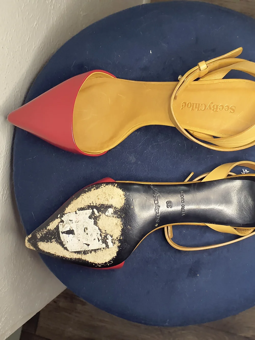 See By Chloe Two-Tone Red & Tan Pointed Toe Ankle-Strap Flats